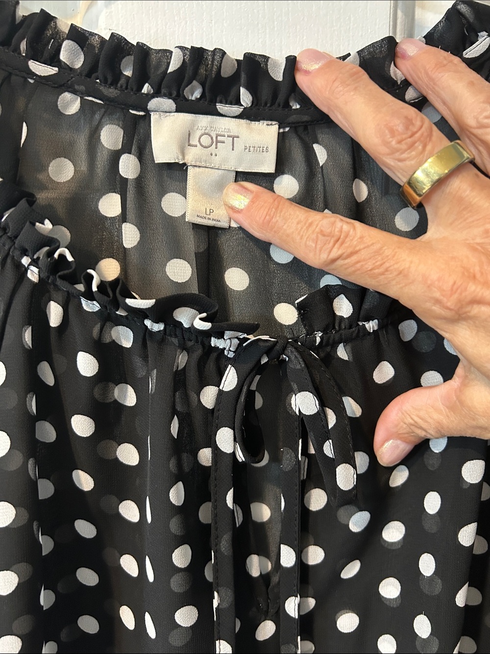 LOFT Black and White Polka Dot Ruffle Tie Neck Blouse